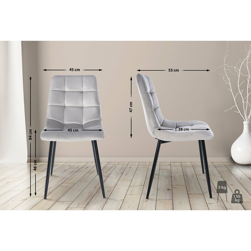 Vadderad sammetsstol med hög rygg och metallben