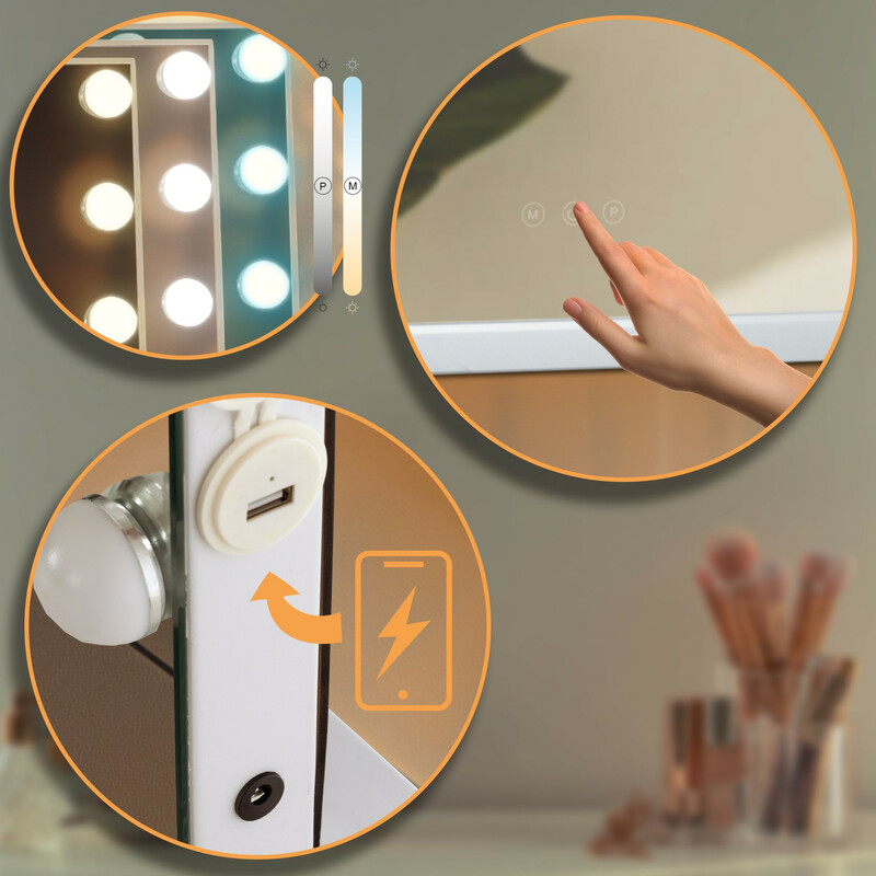 Elegant sminkspegel med LED-belysning och USB-laddning