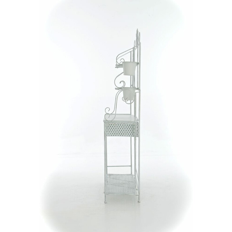 Nostalgisk växthylla i järn med antikpatina och metallkorgar