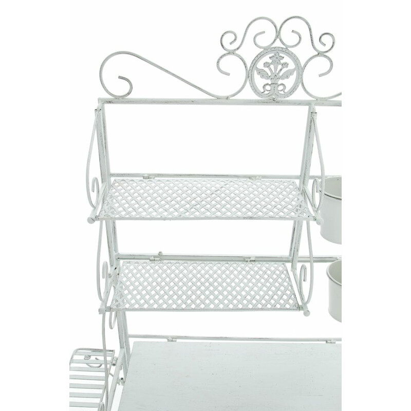 Nostalgisk växthylla i järn med antikpatina och metallkorgar