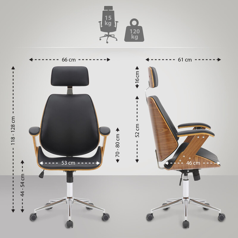 Ergonomisk kontorsstol i konstläder med valnötsfaner och gungmekanism