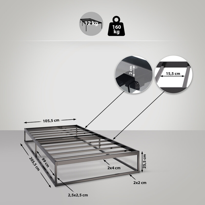 Modern metallsäng med förvaring och minimalistisk design