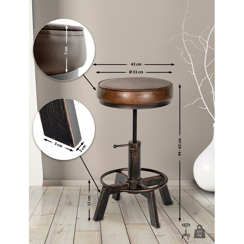 Industriell justerbar pall med konstläder och metallram