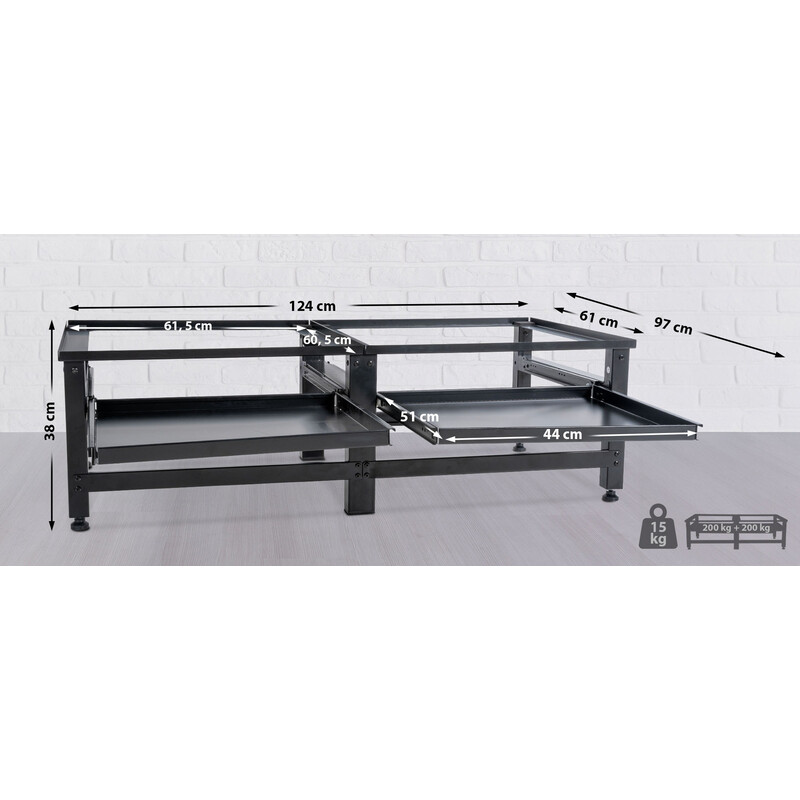 Praktiskt tvättmaskinställ med förvaringslådor och höjdjustering