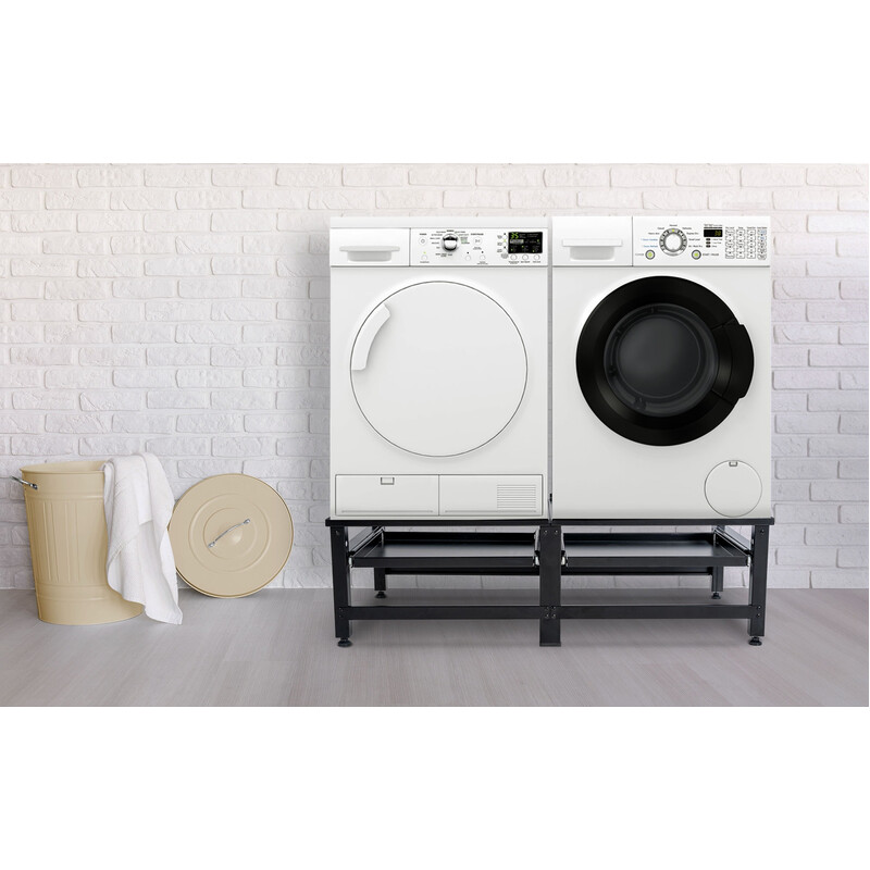 Praktiskt tvättmaskinställ med förvaringslådor och höjdjustering