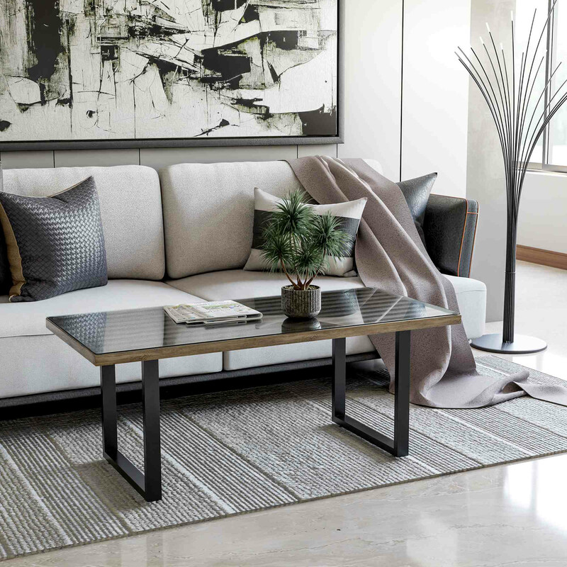 Mångsidigt soffbord med robusta stålben och golvskydd