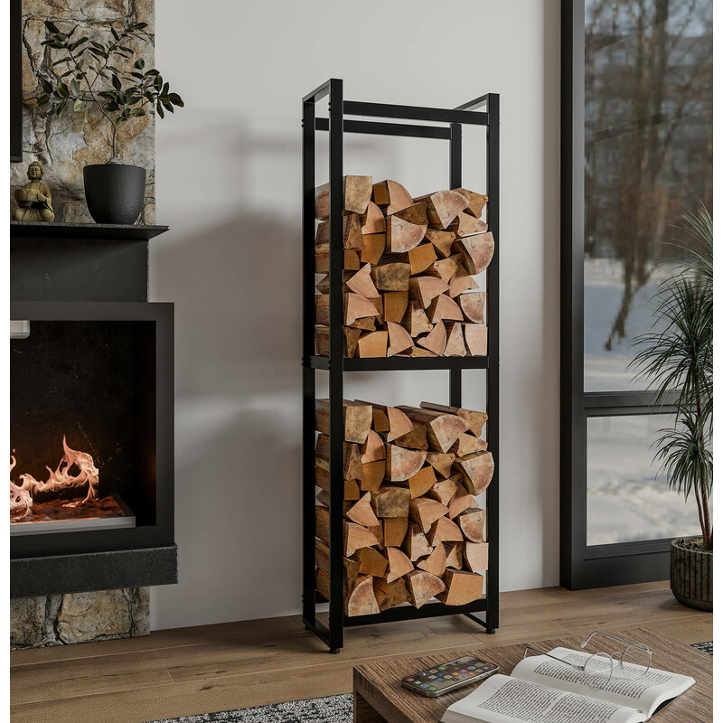 Elegant och funktionell vedställning i svart pulverlackerat stål