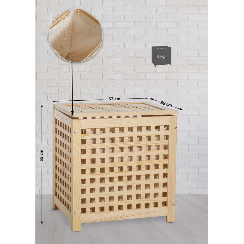 Stilfull tvättkorg i trä med avtagbar tvättpåse