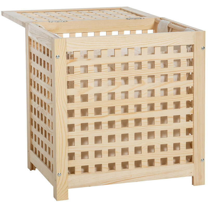 Stilfull tvättkorg i trä med avtagbar tvättpåse