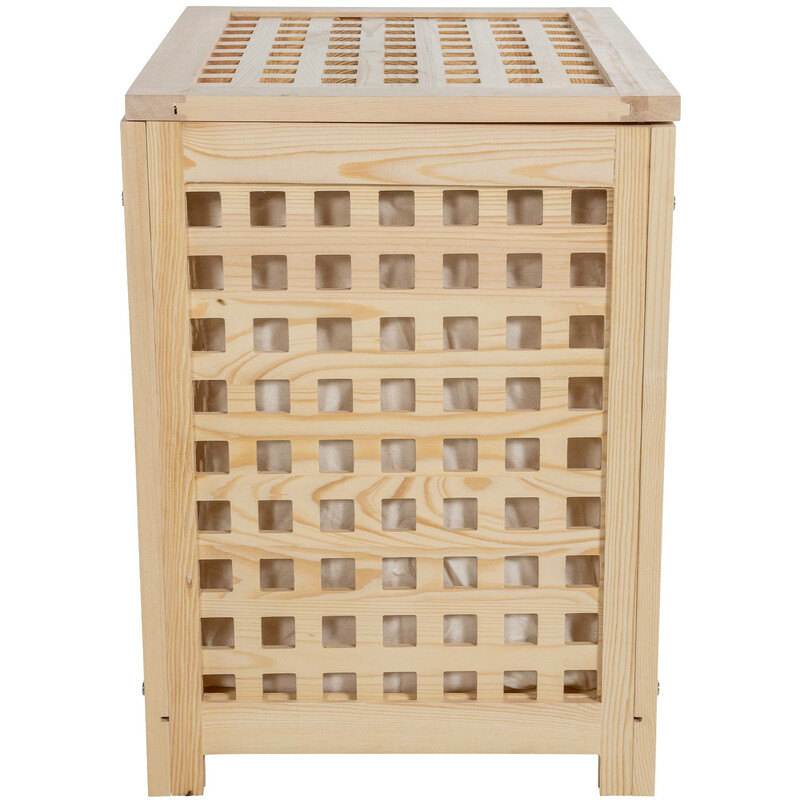 Stilfull tvättkorg i trä med avtagbar tvättpåse