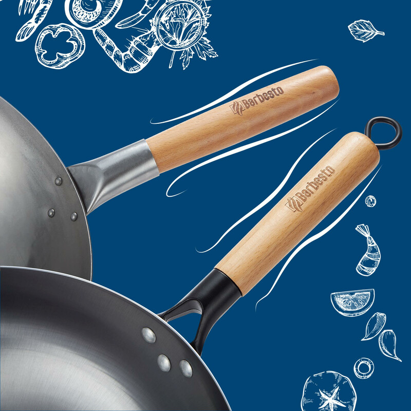 Mångsidigt wok-set med två kolstålwokar och tillbehör