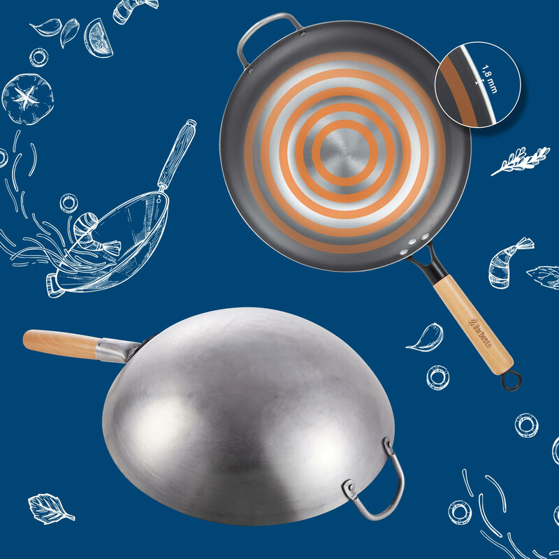 Mångsidigt wok-set med två kolstålwokar och tillbehör