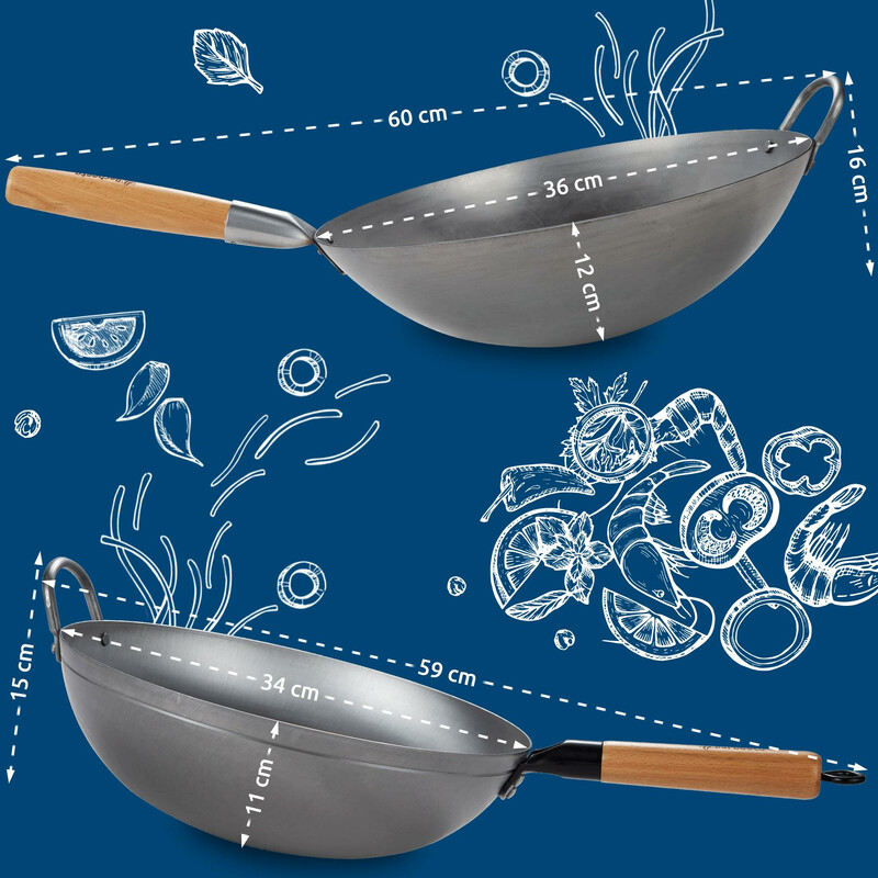 Mångsidigt wok-set med två kolstålwokar och tillbehör