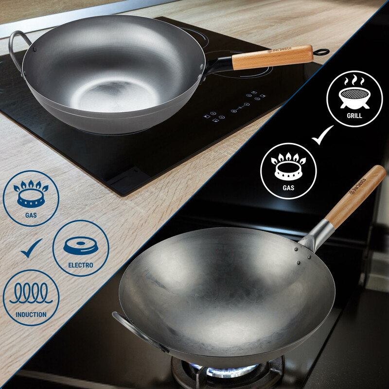 Mångsidigt wok-set med två kolstålwokar och tillbehör