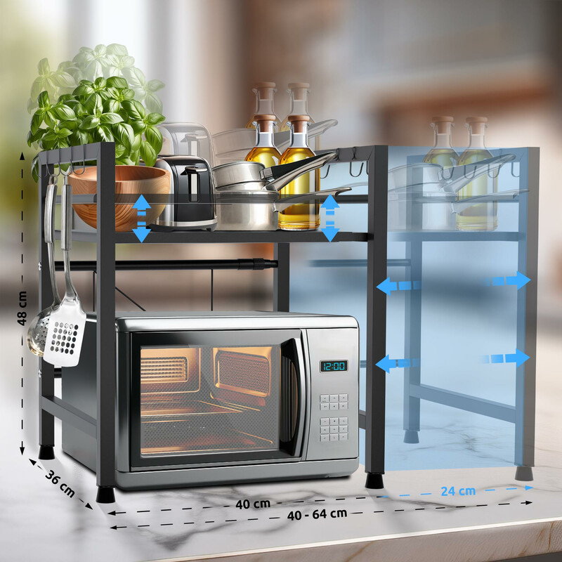 Justerbar förvaringshylla för mikrovågsugn med extra krokar