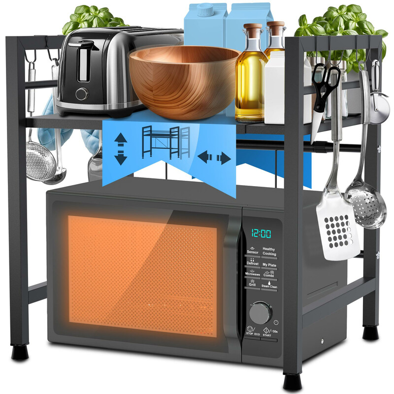 Justerbar förvaringshylla för mikrovågsugn med extra krokar