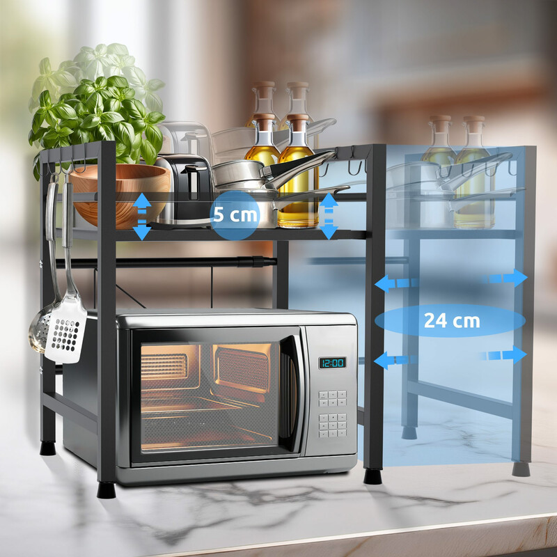 Justerbar förvaringshylla för mikrovågsugn med extra krokar