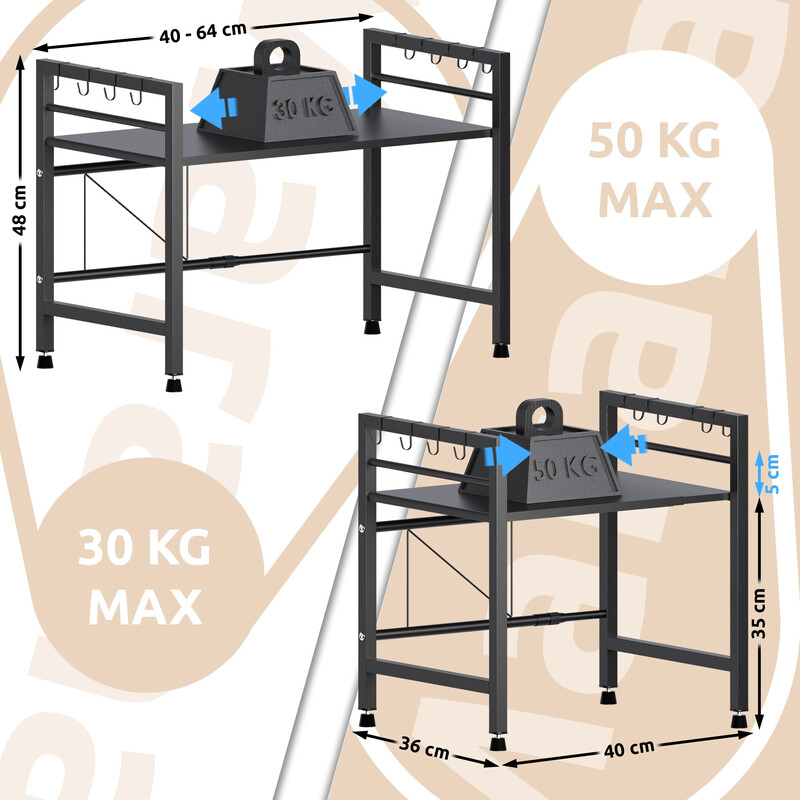 Justerbar förvaringshylla för mikrovågsugn med extra krokar
