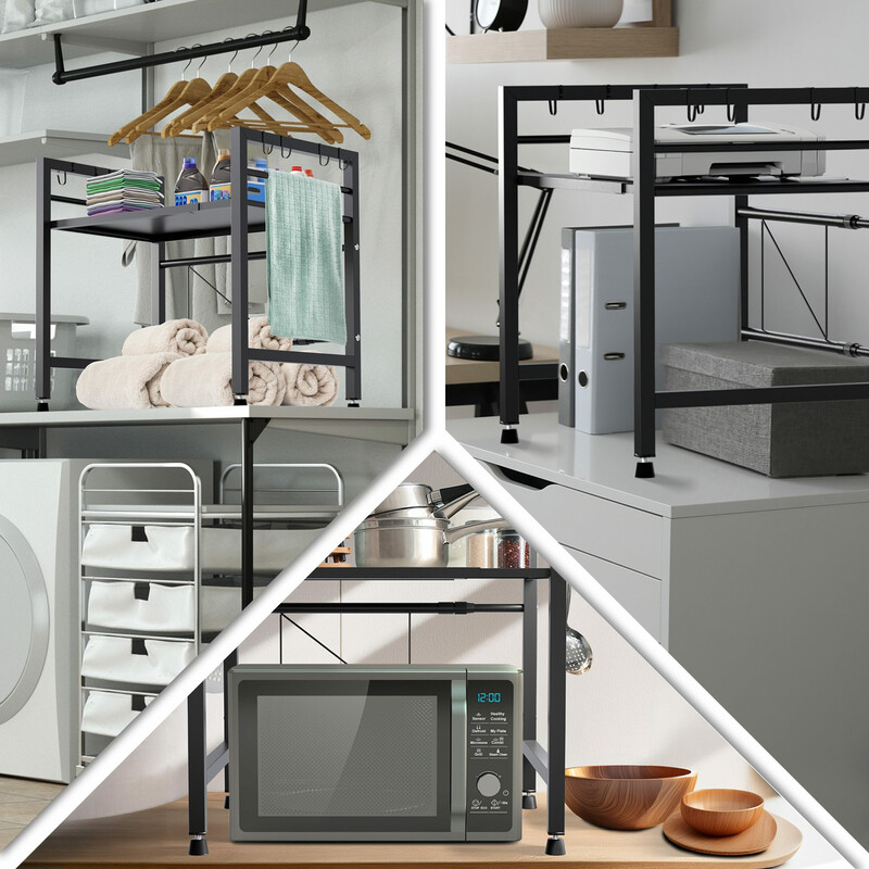 Justerbar förvaringshylla för mikrovågsugn med extra krokar