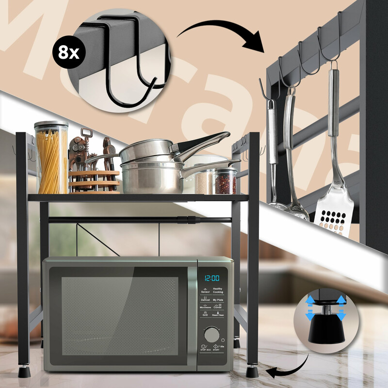 Justerbar förvaringshylla för mikrovågsugn med extra krokar