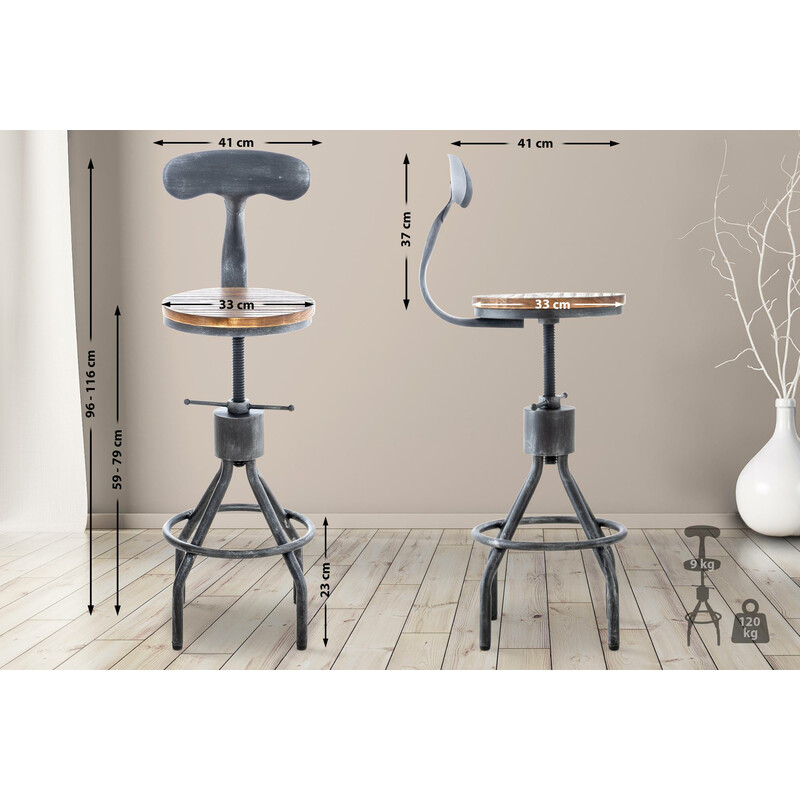 Industriell barstol i furu och metall med justerbar höjd