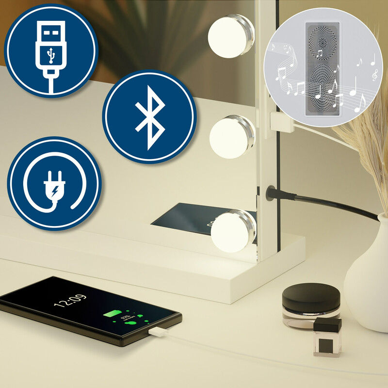 Elegant sminkspegel med LED och Bluetooth-högtalare