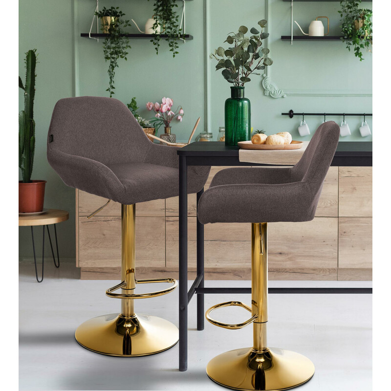 Elegant justerbar barstol med gyllene metallram och tygsits