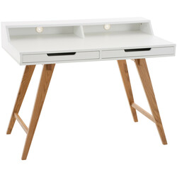 Modernt skrivbord med ekben och vit bordsskiva