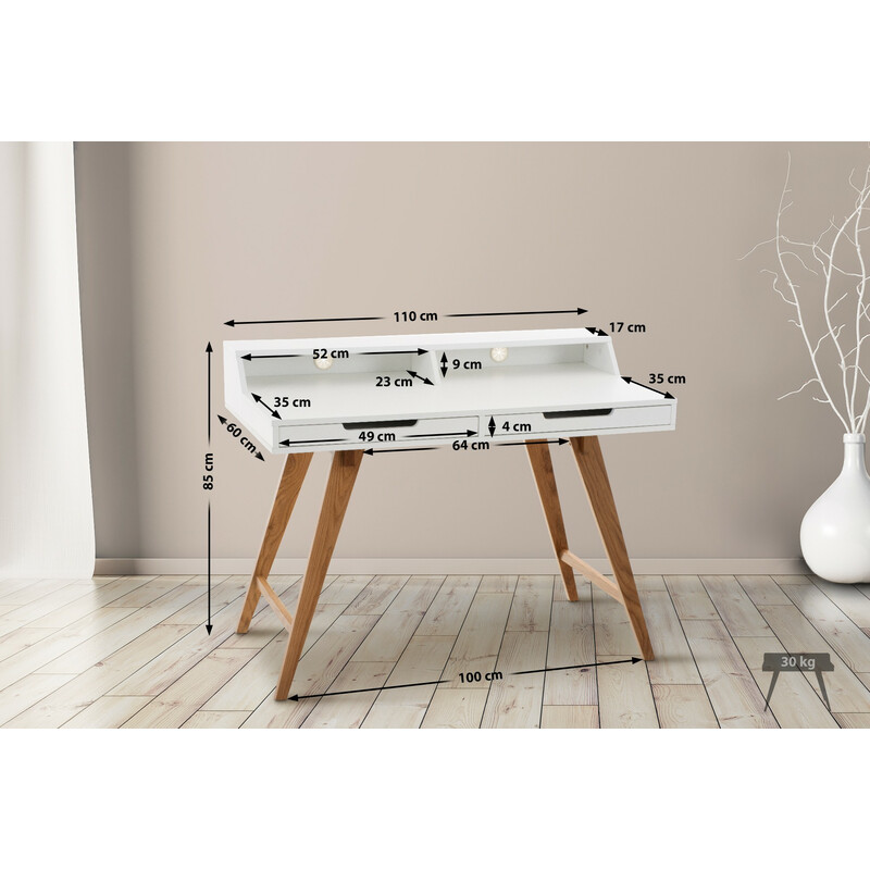 Modernt skrivbord med ekben och vit bordsskiva