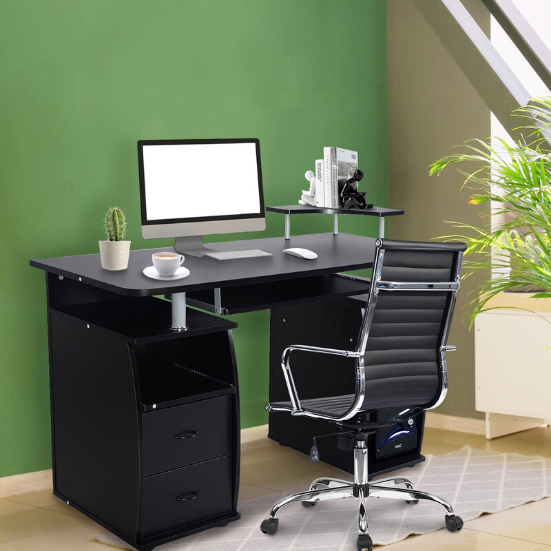 Svart skrivbord med tangentbordshylla och skrivarhylla