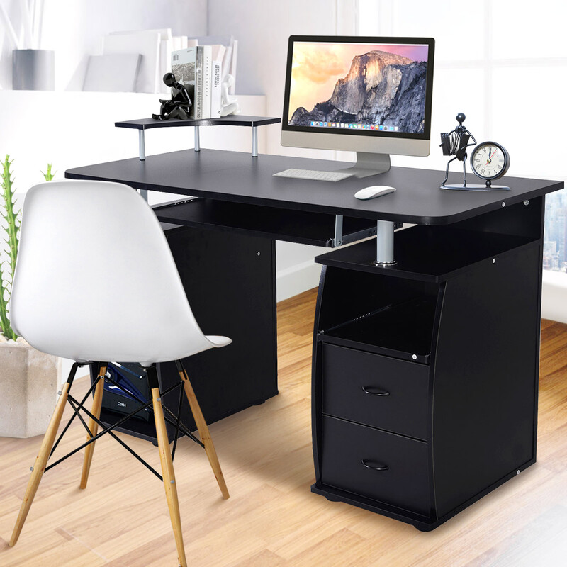 Svart skrivbord med tangentbordshylla och skrivarhylla