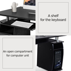 Svart skrivbord med tangentbordshylla och skrivarhylla