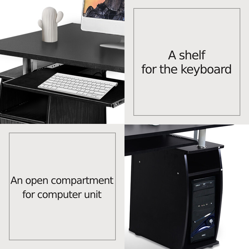 Svart skrivbord med tangentbordshylla och skrivarhylla