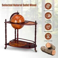 Globusbar i eukalyptusträ med sjökarta och hjul