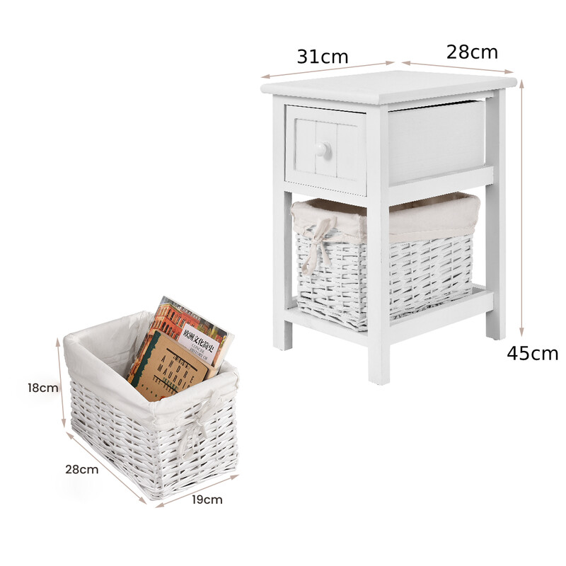 Sängbord med korg i vit landstil trädesign