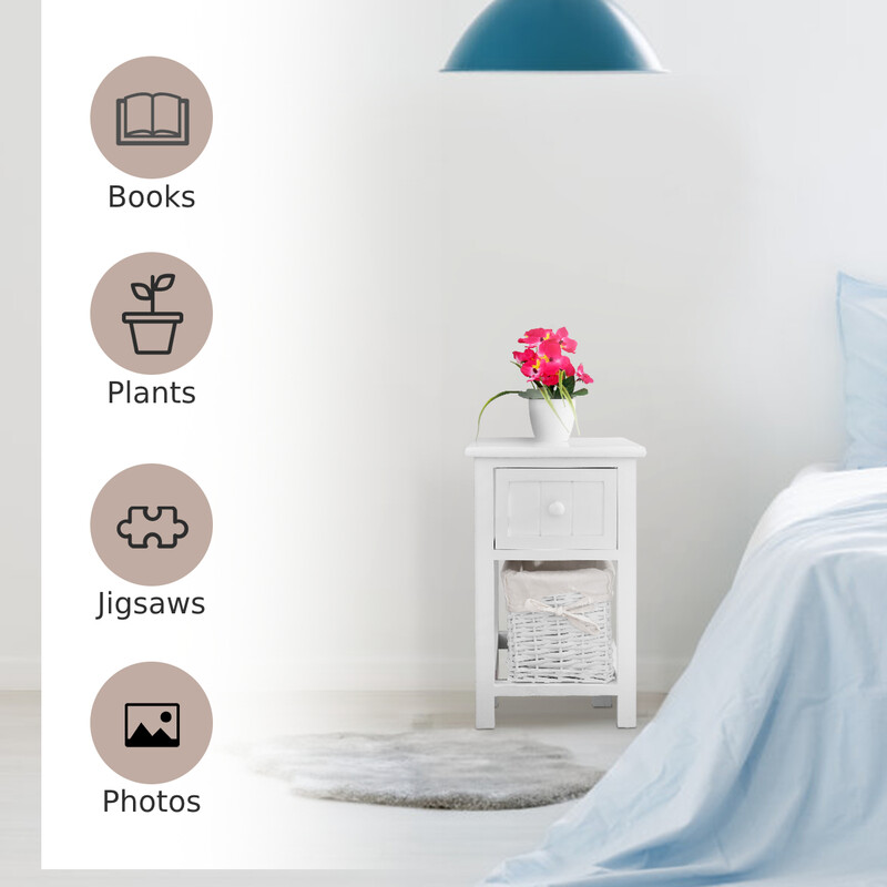 Sängbord med korg i vit landstil trädesign