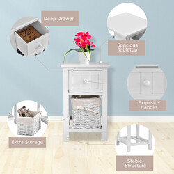 Sängbord med korg i vit landstil trädesign