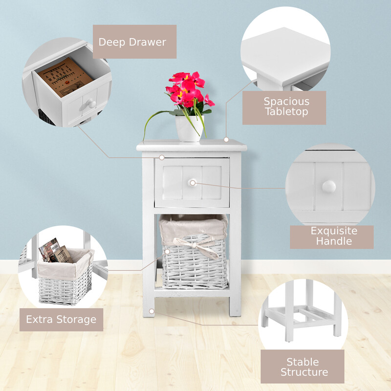 Sängbord med korg i vit landstil trädesign