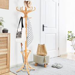 Klädhängare med paraplyställ och 12 krokar i björk