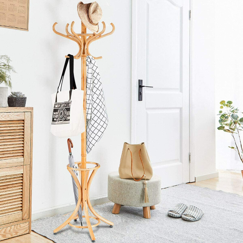 Klädhängare med paraplyställ och 12 krokar i björk