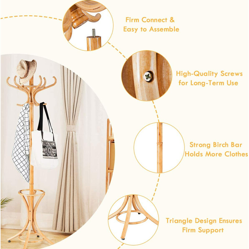 Klädhängare med paraplyställ och 12 krokar i björk