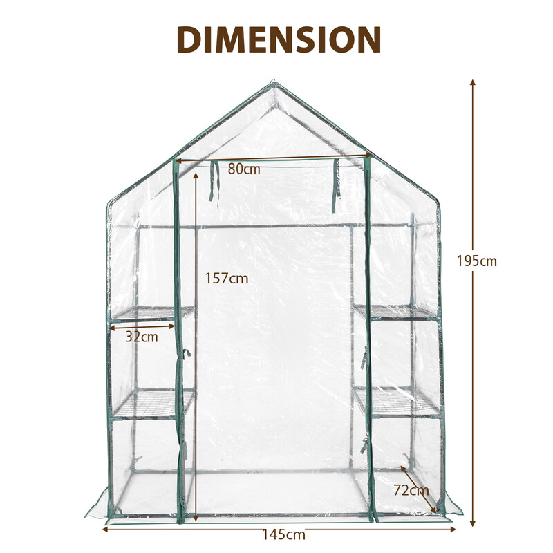 Kompakt växthus med PVC-skydd och metallhyllor