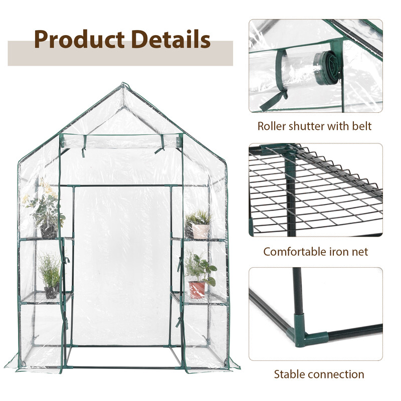 Kompakt växthus med PVC-skydd och metallhyllor