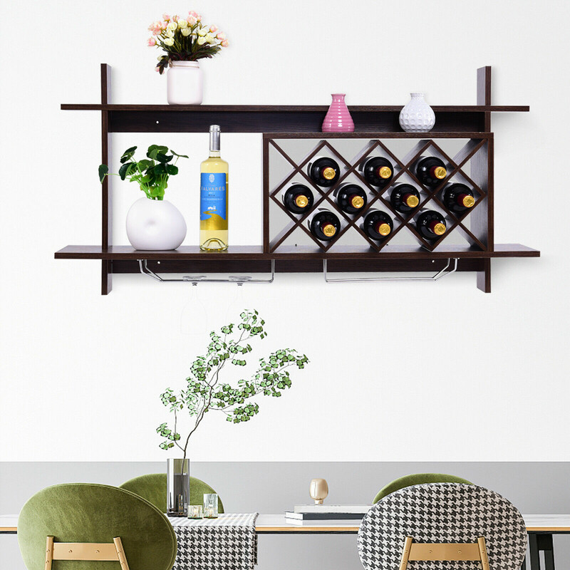 Vinställning väggmonterad med glashållare brun valnötsfinish