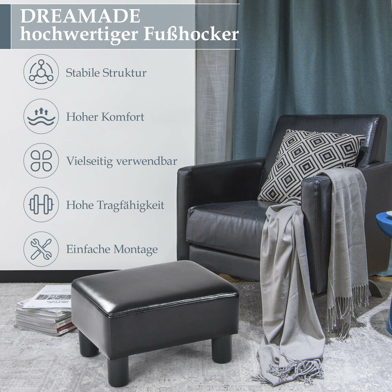 Svart fotpall i PU-läder med träram 40x30x24 cm