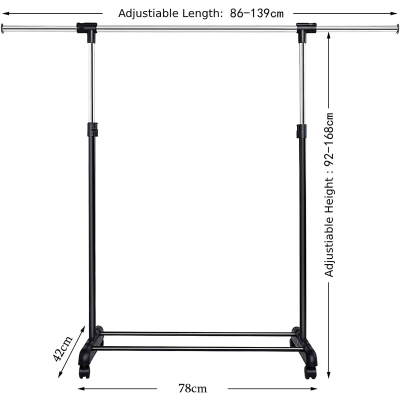 Höj- och sänkbar klädställning med hjul och förvaringshylla
