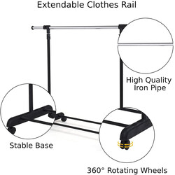 Höj- och sänkbar klädställning med hjul och förvaringshylla