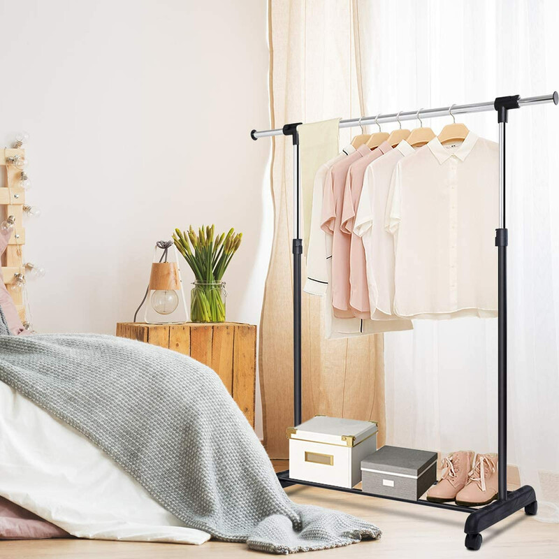 Höj- och sänkbar klädställning med hjul och förvaringshylla