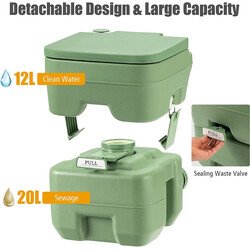 Bärbar campingtoalett 20L/12L med avtagbar avfallstank grön