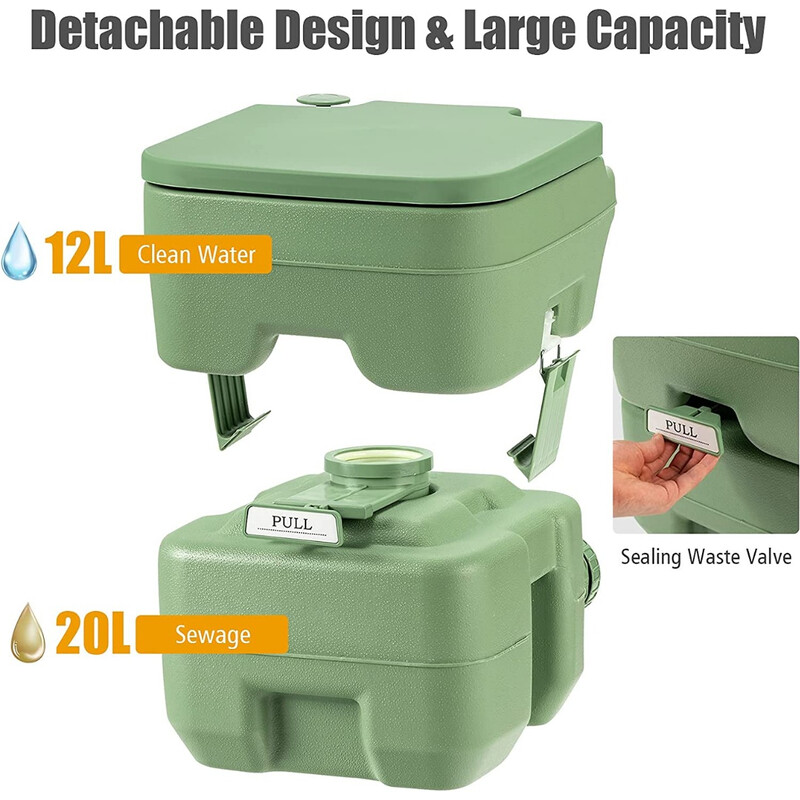 Bärbar campingtoalett 20L/12L med avtagbar avfallstank grön